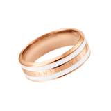 Rose gold ring with a satin white enamel band and engraved Daniel Wellington signature, featuring a smooth, contemporary design.