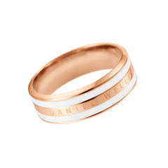 Rose gold ring with a satin white enamel band and engraved Daniel Wellington signature, featuring a smooth, contemporary design.
