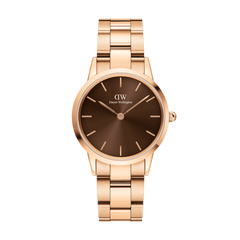 Iconic Link Amber watch by Daniel Wellington with a round rose gold case, minimalist brown sunray dial, and a polished rose gold link bracelet.