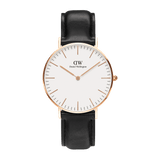 Daniel Wellington Classic Sheffield Rose Gold watch with minimalist white dial and black genuine leather strap.