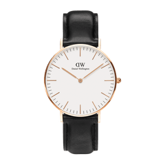 Daniel Wellington Classic Sheffield Rose Gold watch with minimalist white dial and black genuine leather strap.
