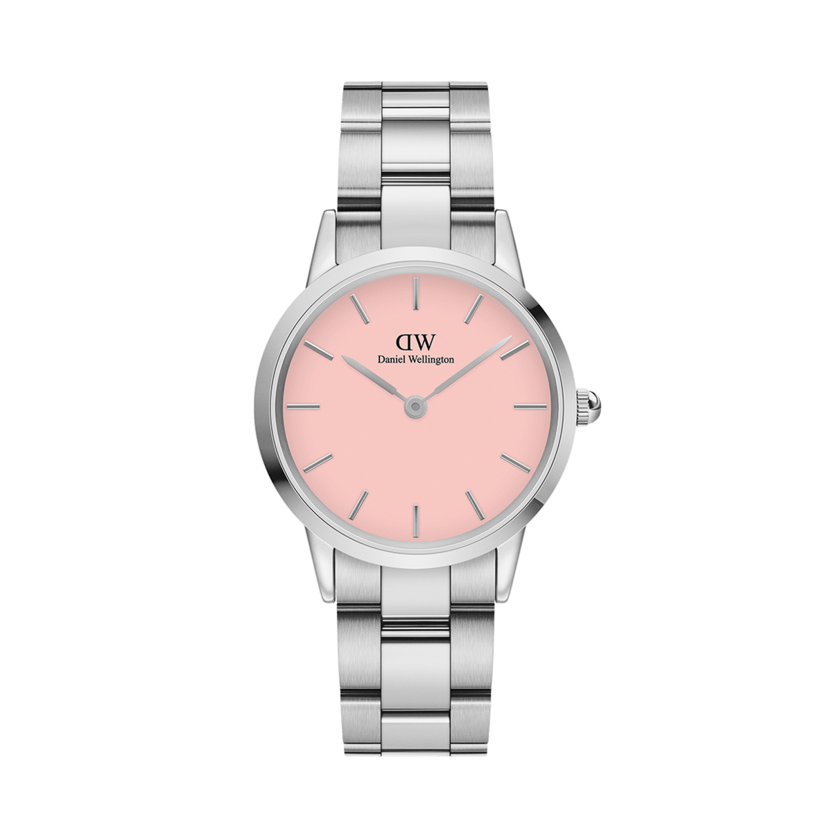 Silver stainless steel women's watch with a pastel pink dial and minimalist hour markers, featuring a polished link bracelet and clean, modern design.