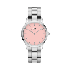 Silver stainless steel women's watch with a pastel pink dial and minimalist hour markers, featuring a polished link bracelet and clean, modern design.