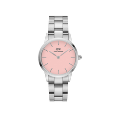 Elegant women's watch with a soft pink dial, minimalist silver indices, and a polished stainless steel link bracelet.