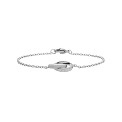 Elegant Daniel Wellington Elan Unity Bracelet in polished silver, featuring two engraved interlocking rings on a slender stainless steel chain.