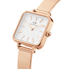 Quadro Studio Rose Gold women’s watch featuring a square eggshell white dial, minimalist markers, and a polished rose gold piano link strap.
