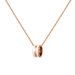 Rose gold necklace with a delicate chain and a satin white enamel ring pendant engraved with subtle branding.