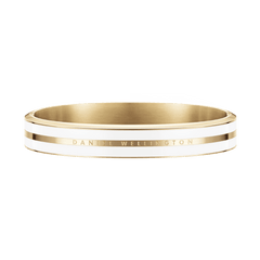 Gold bangle bracelet with a polished finish, white enamel inlay, and engraved Daniel Wellington logo, showcasing a modern yet timeless design.