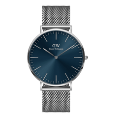 Classic Mesh Arctic Silver watch featuring a deep blue sunray dial, minimalist hour markers, and a sleek silver stainless steel mesh strap.