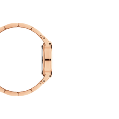 Side profile of the Iconic Link Unitone Rose Gold women’s watch with slim case and polished rose gold link bracelet.