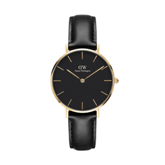 Petite Sheffield Gold women’s watch with black dial, gold case, minimalist markers, and black Italian leather strap.