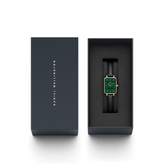 Daniel Wellington Quadro Pressed Sheffield Gold watch with emerald green dial in gift box, black leather strap, gold case.