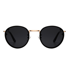 Round Arch Steel Black sunglasses with deep black nylon lenses, a slim rose gold-plated stainless steel frame, and black acetate temple tips.