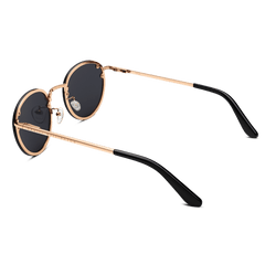 Arch Steel Black sunglasses featuring round black nylon lenses, a rose gold-plated stainless steel frame, and black acetate temple tips, viewed from the rear angle.