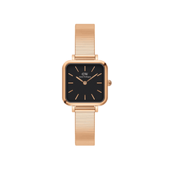 Square rose gold women’s watch with a black dial and a slim, polished rose gold stainless steel strap.