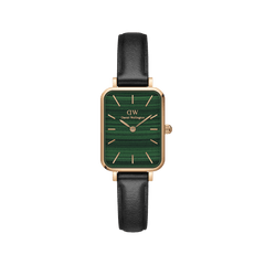 Rectangular women’s watch featuring a malachite-inspired green dial, rose gold case, minimalist markers, and a slim black leather strap.