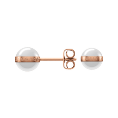 Aspiration Earrings in rose gold and satin white, featuring round ceramic studs with a rose gold plated band engraved with signature detailing and a butterfly fastening.