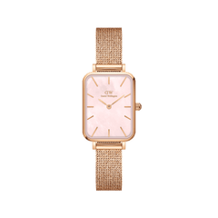 Rectangular women’s watch with a pink mother-of-pearl dial, minimalist gold hour markers, and a rose gold mesh strap.
