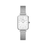 Rectangular silver ladies watch with pressed piano link strap, white mother of pearl dial and crystal hour markers.