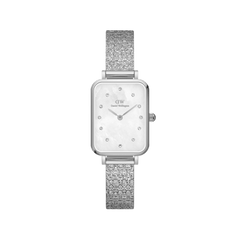 Rectangular silver ladies watch with pressed piano link strap, white mother of pearl dial and crystal hour markers.