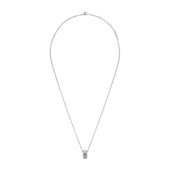 Elan Lumine Necklace Silver featuring a polished round pendant with sparkling crystals on each side, hanging from a fine adjustable cable chain.