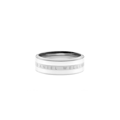 Contemporary silver ring with a satin white enamel inlay and Daniel Wellington branding engraved around the band.