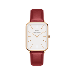 Rose gold rectangular women’s watch with an eggshell white dial, minimalist hour markers, and a cherry blush red pressed leather strap.