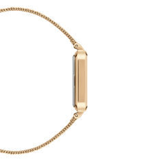 Slim gold rectangular watch case with polished finish and pressed mesh strap, side profile of Quadro Pressed Evergold.