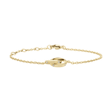 Delicate gold bracelet featuring intertwined rings with subtle logotype etchings and sparkling crystals, finished with an adjustable chain and clasp.