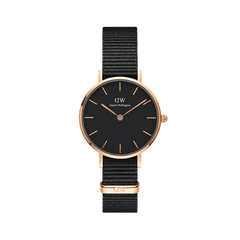 Daniel Wellington Petite Cornwall Rose Gold watch with black dial, rose gold case, and black woven NATO strap for women.