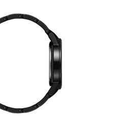 Side profile of the Iconic Link Ceramic watch showing its slim black ceramic case and curved bracelet links.
