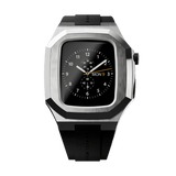Daniel Wellington Switch Silver Apple Watch case fitted to a 40mm Apple Watch, featuring a brushed stainless steel geometric bezel and black rubber strap with a classic analogue watch face display.