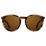 Round brown demi sunglasses with a subtle tortoiseshell pattern, amber lenses, and a lightweight bio-acetate frame.