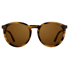 Round brown demi sunglasses with a subtle tortoiseshell pattern, amber lenses, and a lightweight bio-acetate frame.