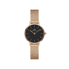 Slim women’s watch with a minimalist black dial and rose gold pressed mesh strap, featuring a refined round case and elegant detailing.