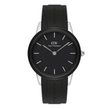 Daniel Wellington Iconic Motion watch with a black dial, minimalist silver-tone markers, and a black FKM rubber strap, set in a 40mm stainless steel case.