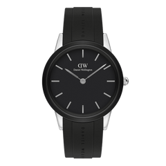 Daniel Wellington Iconic Motion watch with a black dial, minimalist silver-tone markers, and a black FKM rubber strap, set in a 40mm stainless steel case.