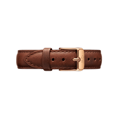 Brown Italian leather watch strap with rose gold buckle, designed for Daniel Wellington Petite St Mawes Rose Gold women’s watch.
