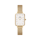 Rectangular gold mesh women’s watch with eggshell white dial, minimalist gold markers, and adjustable stainless steel strap.
