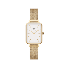 Rectangular gold mesh women’s watch with eggshell white dial, minimalist gold markers, and adjustable stainless steel strap.
