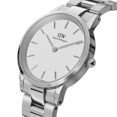 Daniel Wellington Iconic Link Silver watch with minimalist white dial and polished stainless steel three-piece link bracelet.