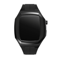 Sleek black Daniel Wellington Apple Watch case with an angular stainless steel frame and matching black FKM rubber strap, designed for a modern, sophisticated look.