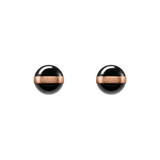 Pair of Aspiration Earrings featuring glossy black ceramic spheres encircled by rose gold plated stainless steel bands engraved with the Daniel Wellington logo.