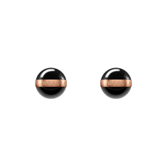 Pair of Aspiration Earrings featuring glossy black ceramic spheres encircled by rose gold plated stainless steel bands engraved with the Daniel Wellington logo.