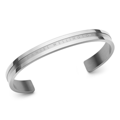 Elan Bracelet Silver by Daniel Wellington featuring a polished stainless steel open cuff design with a brushed centre band and engraved logo.