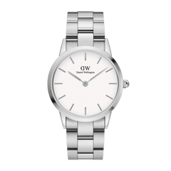 Daniel Wellington Iconic Link Silver watch with eggshell white dial and polished stainless steel three-link bracelet.