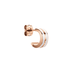 Single Emalie earring in rose gold with a satin white enamel inlay, featuring a hoop design, butterfly back, and Daniel Wellington logo engraved along the edge.