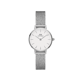 Petite Pressed Sterling women’s silver watch with eggshell white dial and polished stainless steel mesh strap by Daniel Wellington.