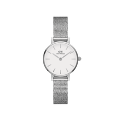 Petite Pressed Sterling women’s silver watch with eggshell white dial and polished stainless steel mesh strap by Daniel Wellington.