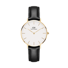 Petite Sheffield Gold women’s watch with gold case, eggshell white dial, black leather strap, and minimalist design.